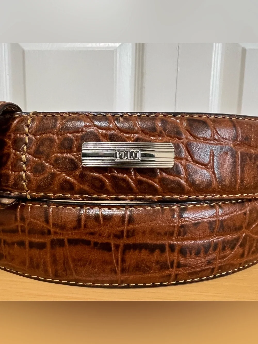 Polo Ralph Lauren Brown Croc-Embossed Leather Belt Silver Buckle Size 32